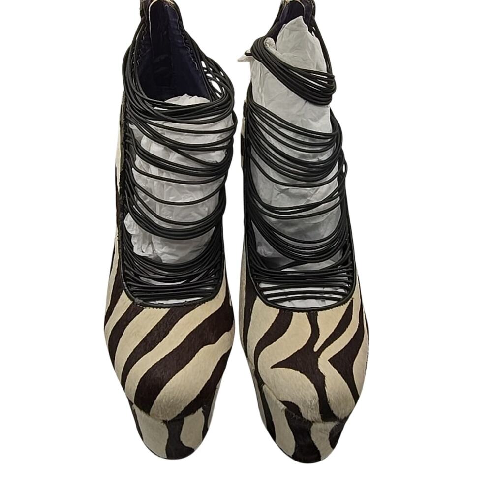 London Trash Zebra Stripes Pony Hair Platform Shoes Heels Leather sz 8 Pinup - Picture 14 of 16